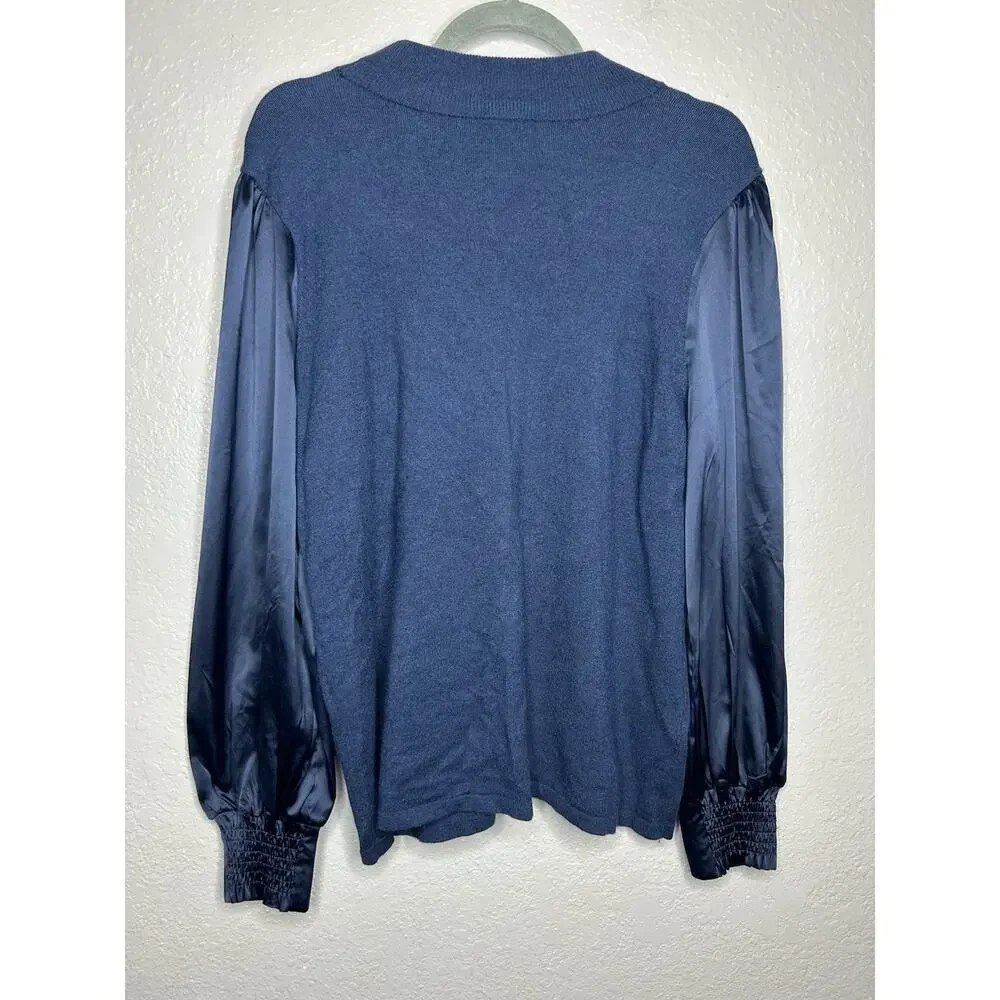 Chico’s‎ Navy Blue Soft Stretch Mock Neck Satin Sleeve Sweater Size 2 US 12